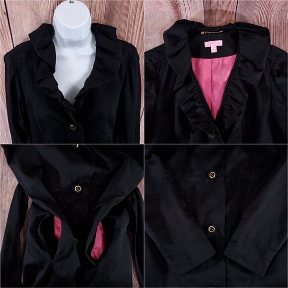Lilly Pulitzer Size 4 Kelli Black Long Belted Trench Coat Jacket Ruffles Collar - Picture 9 of 16